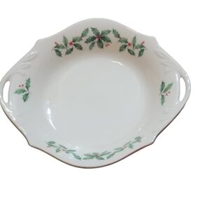 HOLIDAY Lenox Fine China Holiday Small Handled Bowl Holly Christmas 7" x 8"